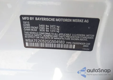 2016 BMW 740I z USA, uszkodzony, nr VIN WBA7E2C52GG504583